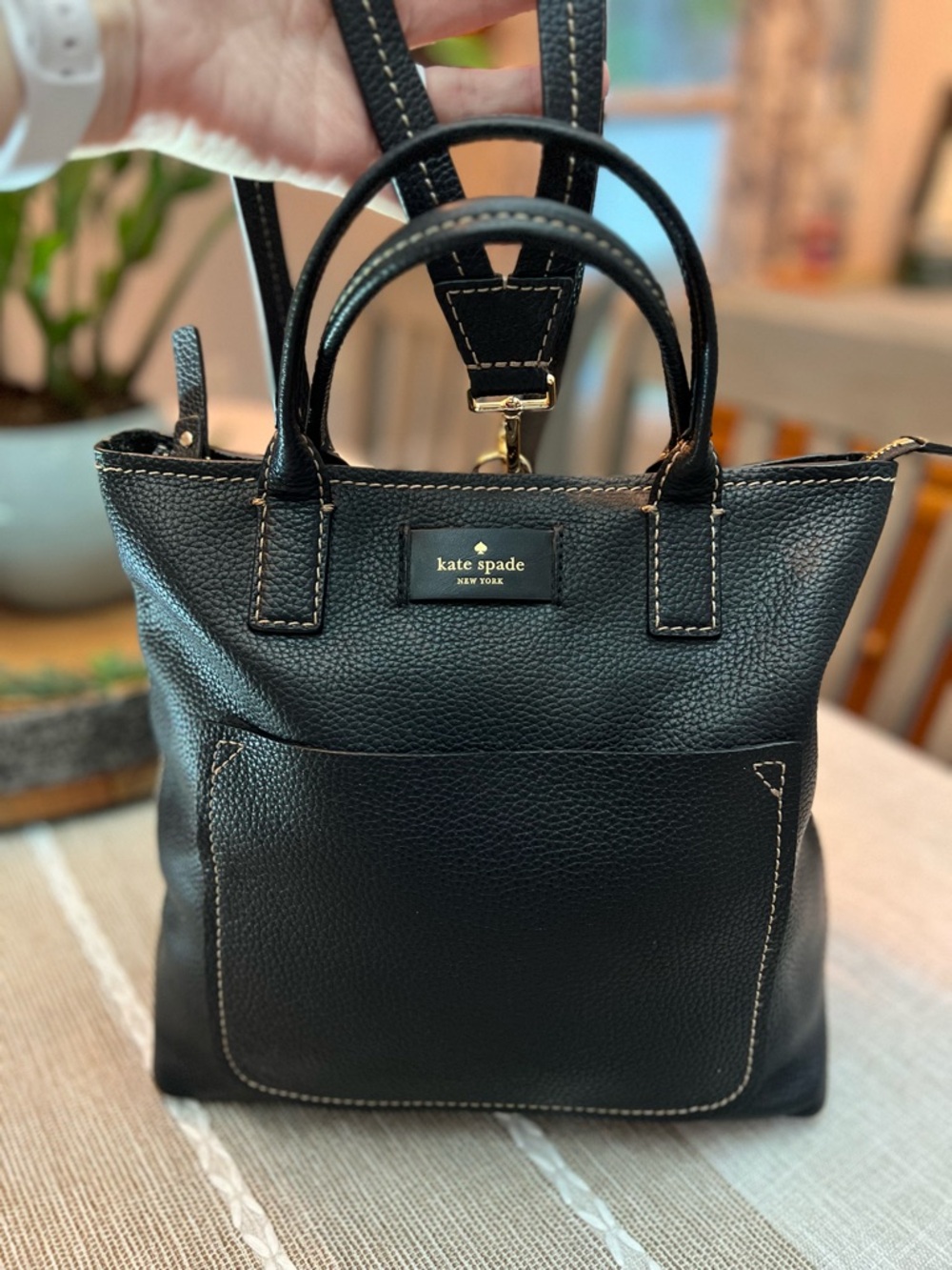 ♠️Kate Spade Black Pebbled Leather Backpack Satchel with Gold Accent